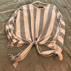 KLD. Long sleeve top. Tie at bottom. Cream & Black stripe
